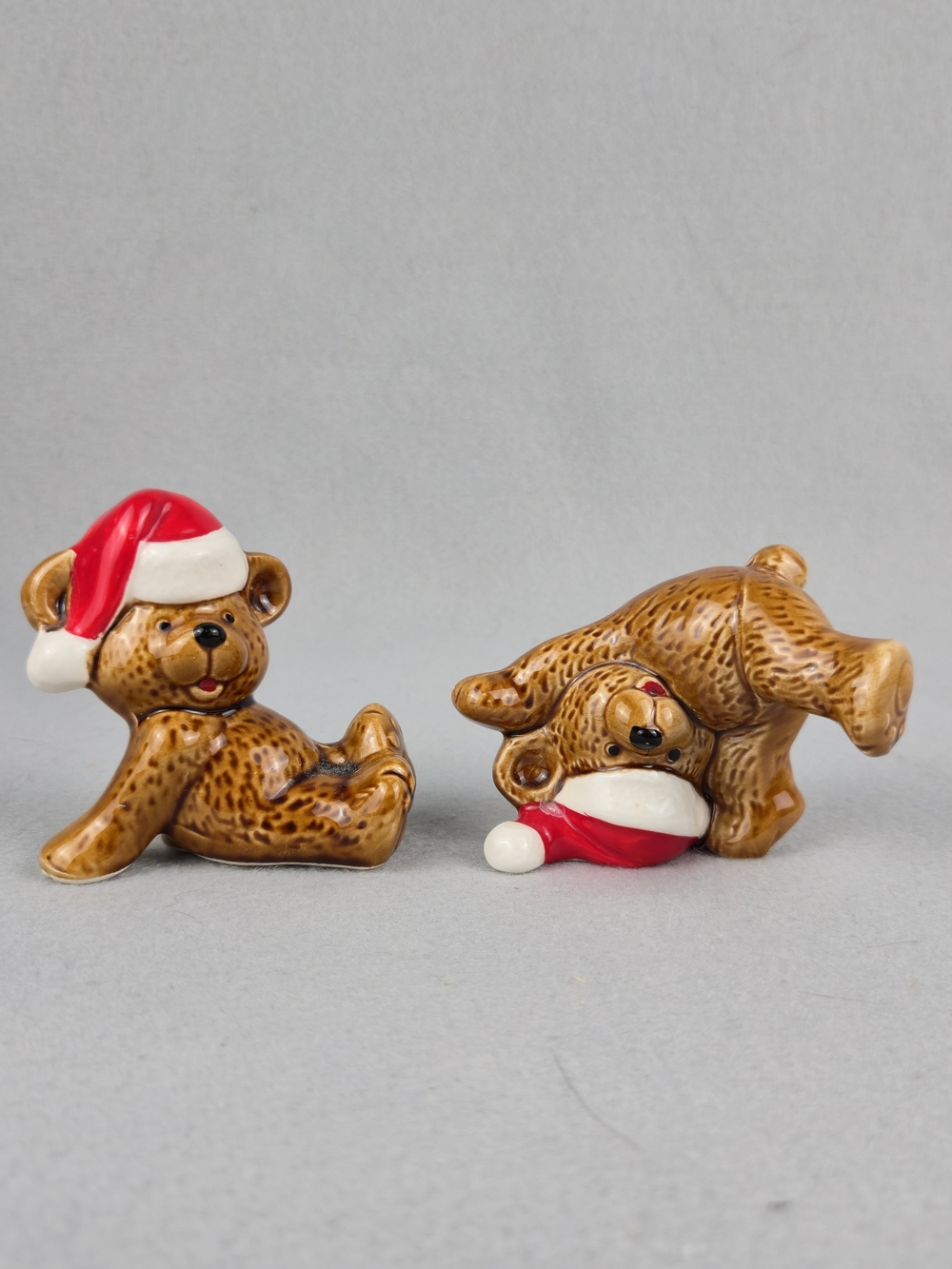 Vintage Japan Ceramic Christmas Teddy Bear Figurines Santa Hat Set of 2